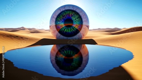 Surreal Eye in Desert Oasis Reflecting Sky and Sand Dunes.
