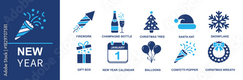 New Year icon set. Containing fireworks, champagne bottle, Christmas tree, Santa hats, snowflake, gift box, New Year calendar, balloons, confetti popper, Christmas wreath and more. Solid vector icons