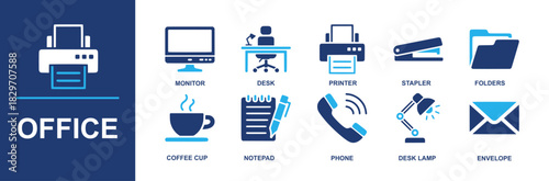 Office icon set. Containing monitor, desk, printer, stapler, folders, coffee cup, notepad, phone, desk lamp, envelope, workstation supplies for branding, templates and more signage. Solid vector icons