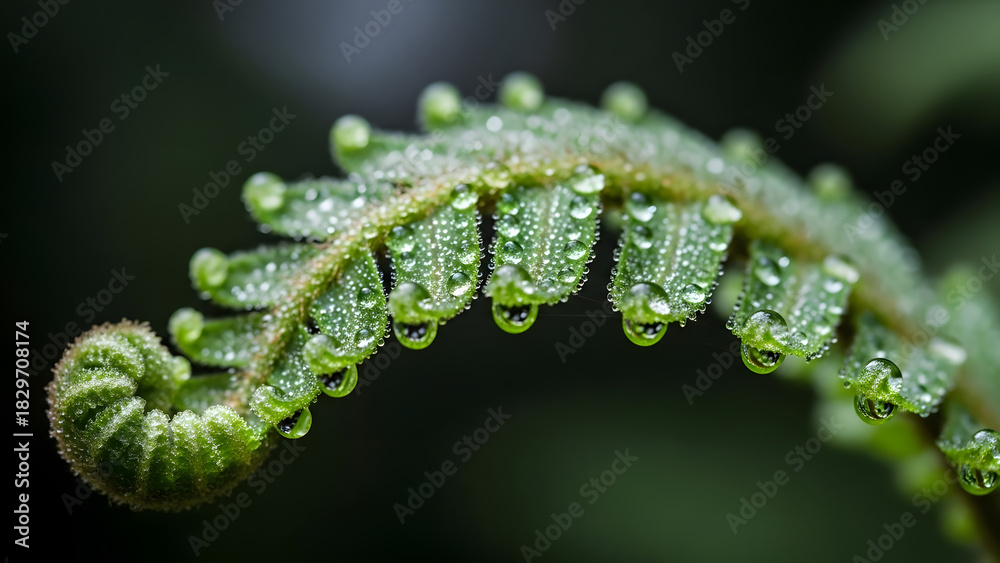 Naklejka premium Macro View of Green Fern Fiddlehead Unrolling with Dew Drops