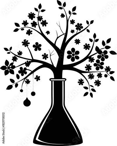 Laboratory flask transforming into a blooming tree black Silhouette , white background