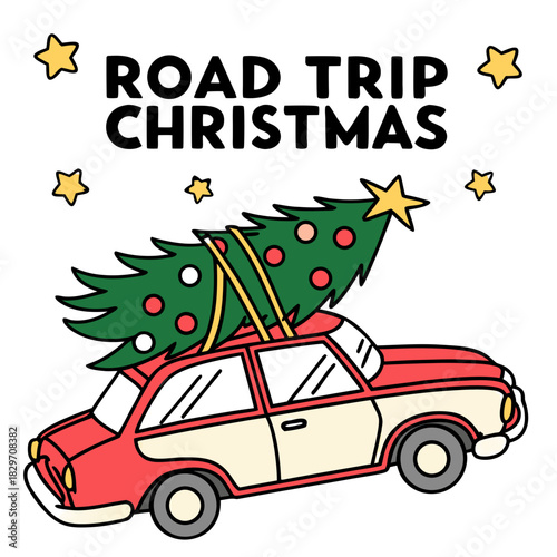 Christmas Road Trip Vector, Car Driving with Xmas Tree on Roof, Winter Holiday Travel, Cute Cartoon Illustration, Season's Greetings, Festive Journey – Perfect for Cards, Banners, and Decorations