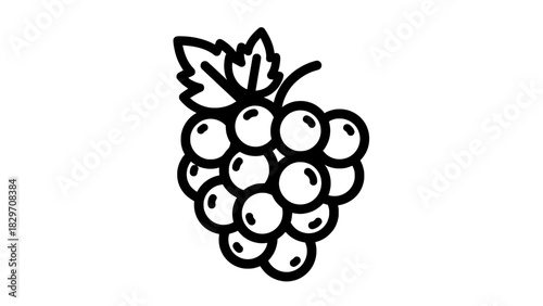 Simple line art illustration of a bunch of ripe grapes with a stem and leaves, representing fresh fruit and healthy eating