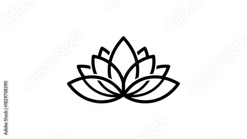 Minimalist lotus flower logo design. A simple black outline icon representing a concept of wellness, yoga, and tranquility
