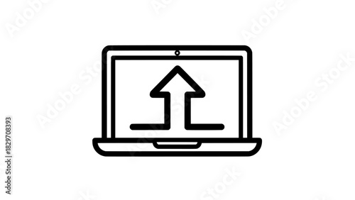 Conceptual outline icon illustrating digital file upload, data transfer, and information sharing on a computer device, representing secure online transactions and system updates