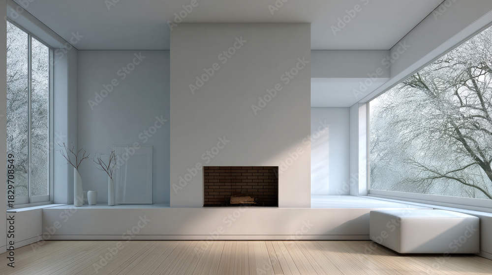 Fototapeta premium Unfurnished modern room with fireplace, large windows, minimalist design, natural light, winter view, peaceful atmosphere
