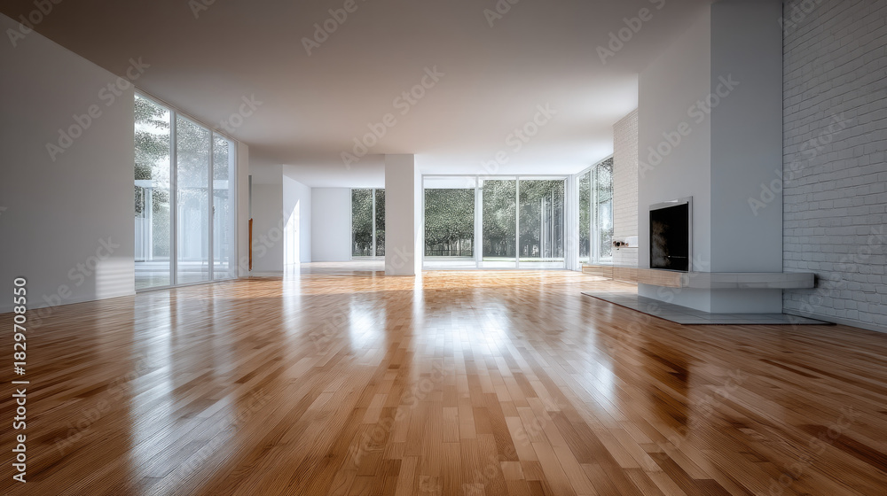 Fototapeta premium Spacious unfurnished modern room with large windows, wooden floor, white walls, and fireplace, filled with natural daylight
