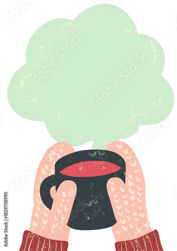 冬のカフェ　コーヒー（ラテ）を持つ手