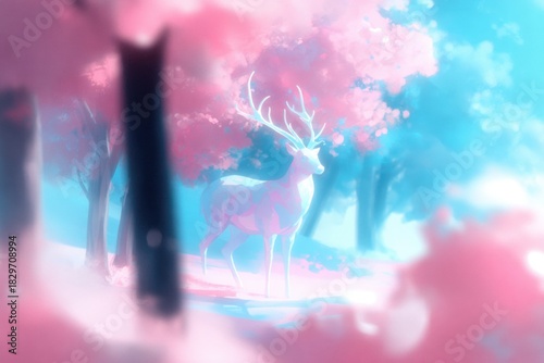 Enchanted Forest Stag: A majestic stag with impressive antlers stands amidst a dreamy forest, adorned with blossoms in delicate shades of pink and a sky-blue backdrop.