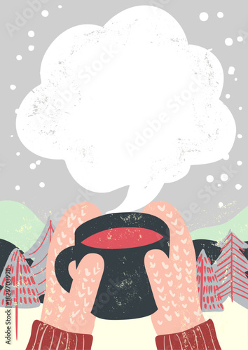 冬のカフェ　コーヒー（ラテ）を持つ手