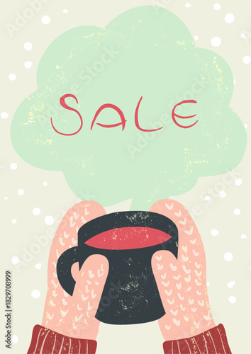 冬のカフェ　コーヒー（ラテ）を持つ手