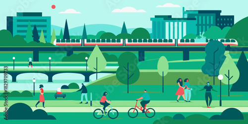 City park scene with people train and buildings in flat vector style