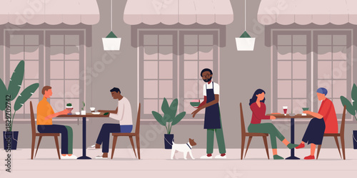 Diverse people dining at outdoor cafe with waiter and dog illustration