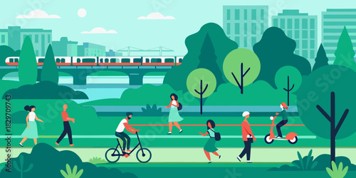 People enjoying a day in the park with cityscape and train