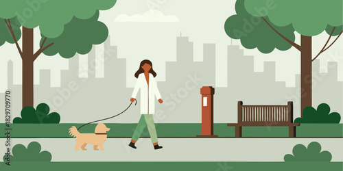 Woman in lab coat walking dog in city park illustration