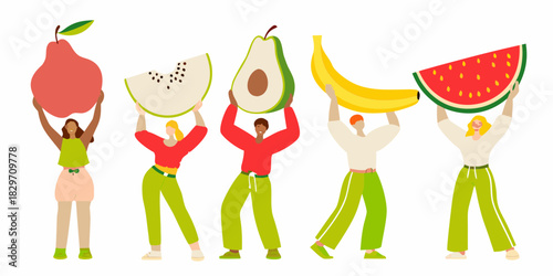 Diverse people holding large fruit slices in a row together