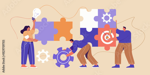 Teamwork and collaboration concept with people assembling puzzle pieces together