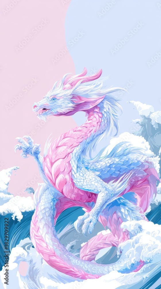 Obraz premium Serene Dragon in a Pastel Dream: A majestic dragon, painted in soft pastel hues, drifts peacefully amidst ethereal waves and skies, evoking a sense of calm and fantastical beauty.