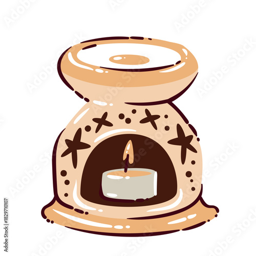 Aroma lamp with lit tealight candle, star-patterned body and soft rounded shapes in warm doodle style. Cozy aromatherapy holder drawing with gentle highlights, vector illustration.