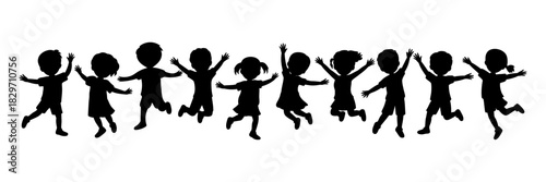 Group of diverse joyful children silhouettes jumping with arms raised, celebrating freedom, energy, and happiness, depicting playfulness and childhood fun