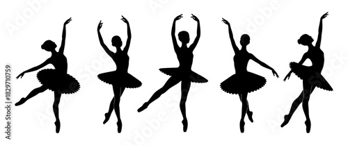 Five elegant ballet dancer silhouettes in graceful poses performing classical dance, illustrating artistic movement, performance, and skill.
