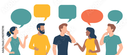 Diverse group of people actively communicating with colorful speech bubbles above their heads, illustrating vibrant social interaction, dialogue and connection.