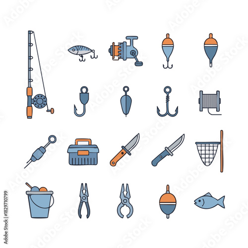 Minimal flat vector set of 15 fishing gear icons including rod, reel, hook, float, sinker, lure, net and tackle box in clean geometric style on a white background for outdoor sport 