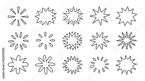 Hand-drawn starburst and sparkle shapes vector set, perfect for adding visual emphasis and dynamic flair to graphic designs and digital media projects.