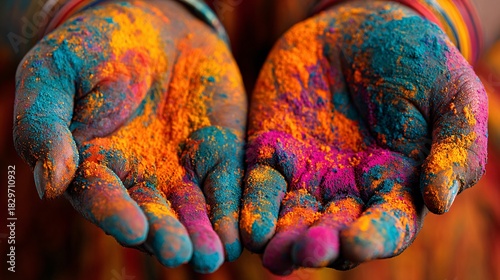 Colorful hands covered with vibrant powder paint for festive celebration