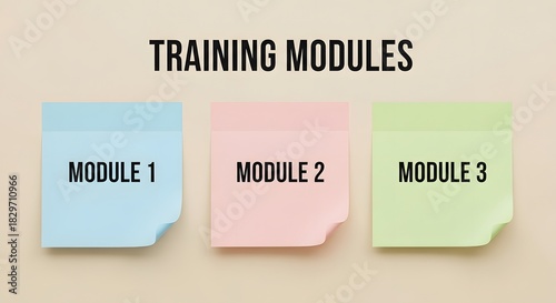 Boost employee skills with these vibrant training module concepts displayed on sticky notes perfect for onboarding, skill enhancement, and staff development