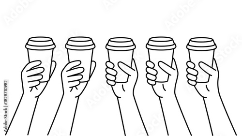 Stylized line art of five diverse hands holding individual disposable coffee cups, depicting a shared coffee moment, teamwork, or a group break.