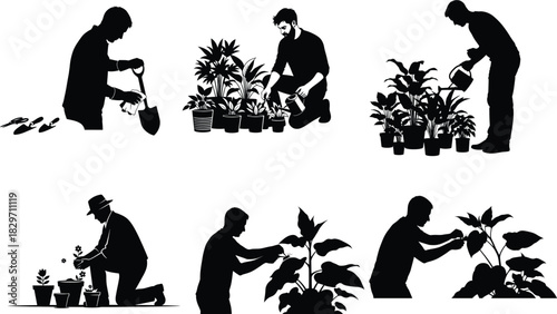 Silhouetted gardeners planting and watering plants in pots black and white illustration