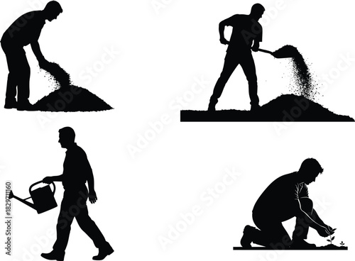 Silhouetted gardener working the soil with shovel and watering can