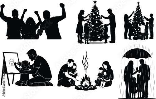 Silhouette collection of people celebrating decorating creating and gathering together