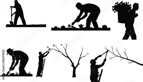 Silhouette collection of people gardening and pruning trees in various poses