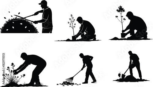 Silhouette set of gardeners planting and maintaining a garden