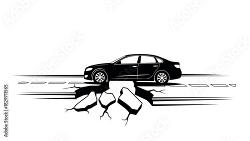 Car crashing through ground destruction and power in black and white silhouette