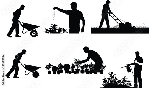 Silhouetted gardener doing yard work and gardening activities vector illustration
