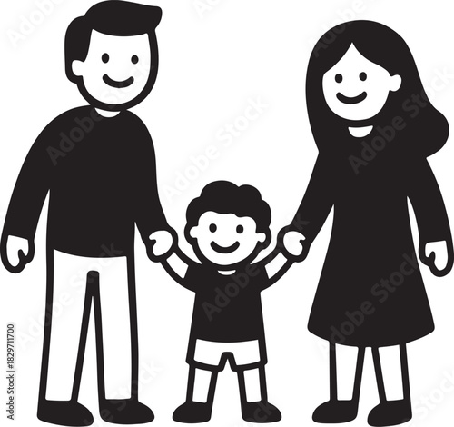 A family of three holding hands together happily Iconic representation line art silhouette vector illustration