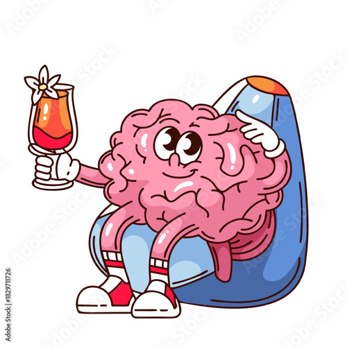 ute pink brain sitting on a bean bag and holding a cocktail glass, showing harmful relaxation habit. Groovy cartoon doodle style. Outline vector illustration for sticker, health, or awareness design.