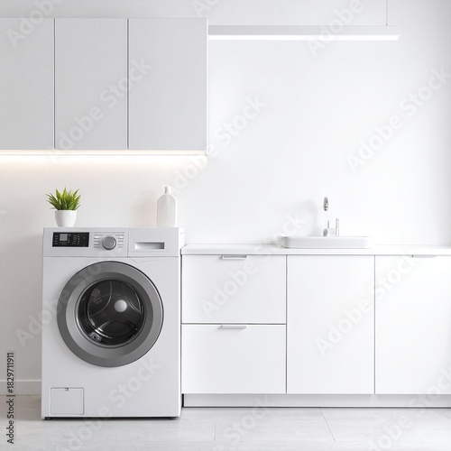 A bright, white laundry room featuring a modern washing machine, sleek cabinets for storage, and a clean countertop, creating an organized space.