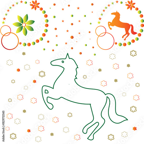 Whimsical outline of a rearing horse with festive floral and star decorations