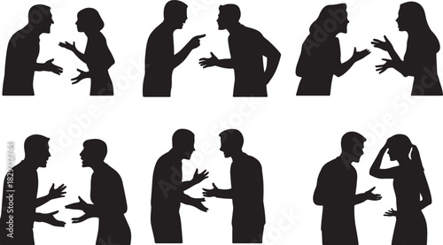 Set of people arguing silhouette illustration. Two people discuss in various pose. Men and women talking in black color.