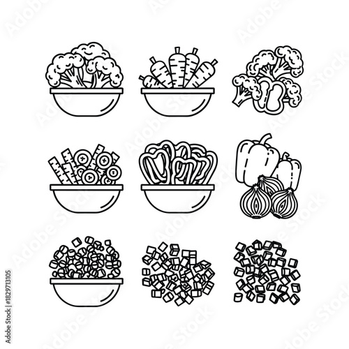 Line Art Vegetable Collection: Broccoli, Carrots, Peppers, Onions & Prep Forms