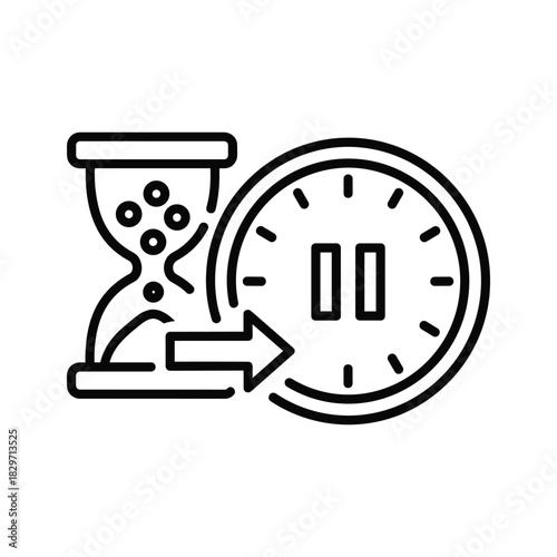 Time management concept with hourglass, clock, and pause symbol