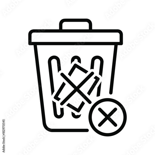 Trash can delete icon with cross symbol, line art isolated on