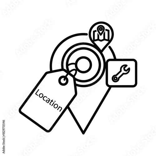 Location pin with service and person icons, concept of finding services