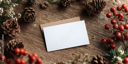 An overhead shot of a blank, matte gift card mockup resting on a clean, rustic wooden table surrounded by scattered pine cones and red holly berries