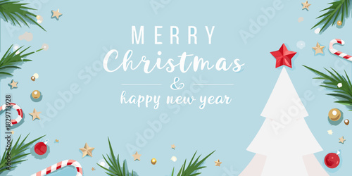 Merry christmas and happy new year greeting card with festive decorations