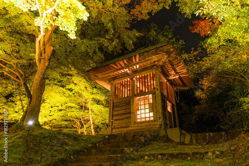 岩手県平泉町 秋の中尊寺、ライトアップされた旧鐘楼
